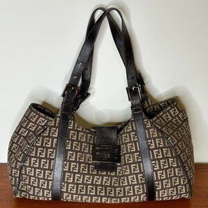 Authentic Classic Fendi Leather Trimmed Zucchino Canvas Monogrammed Bag